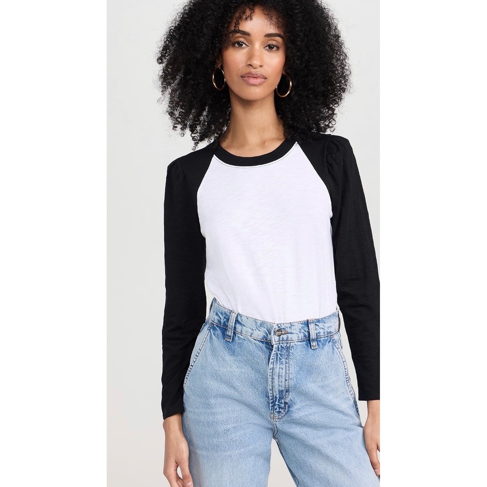 Veronica Beard Jean Mason Baseball Tee Black White Puff Sleeve Raglan 3XL